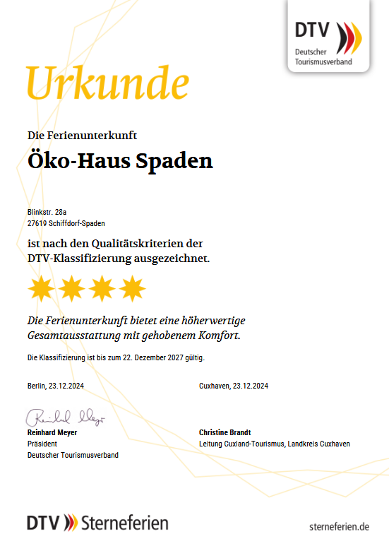 DTV-Urkunde: 4-Sterne-Klassifizierung für die Ferienunterkunft Öko-Haus Spaden
